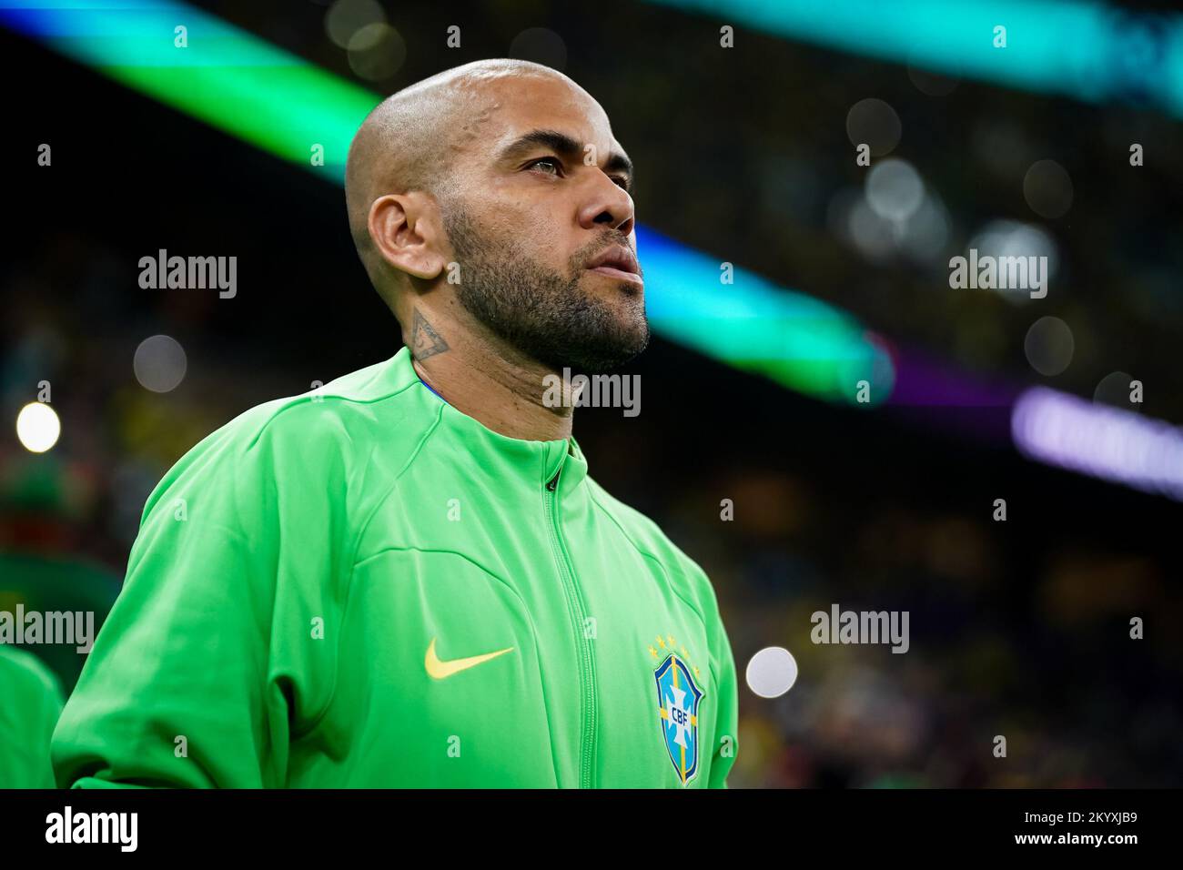 Lusail, Qatar. 02nd Dec, 2022. Lusail Stadium LUSAIL, QATAR - DECEMBER 2: Player of Brazil Dani Alves signs the national anthem before the FIFA World Cup Qatar 2022 group G match between Brazil and Cameroon at Lusail Stadium on December 2, 2022 in Lusail, Qatar. (Photo by Florencia Tan Jun/PxImages) (Florencia Tan Jun/SPP) Credit: SPP Sport Press Photo. /Alamy Live News Stock Photo