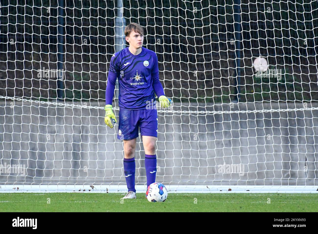 Swansea, Wales. 2 December 2022. Goalkeeper Remy Mitchell of Swansea City during the Premier League Cup game between Swansea City Under 21 and Stoke City Under 21 at the Swansea City Academy in Swansea, Wales, UK on 2 December 2022. Credit: Duncan Thomas/Majestic Media/Alamy Live News. Stock Photo