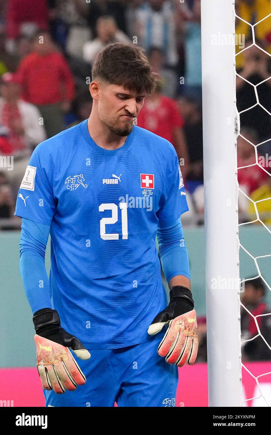 Doha, Qatar. 2nd Dec, 2022. Gregor Kobel, goalkeeper of Switzerland, reacts after the goal from Aleksandar Mitrovic of Serbia during the Group G match between Serbia and Switzerland at the 2022 FIFA World Cup at Stadium 974 in Doha, Qatar, Dec. 2, 2022. Credit: Li Gang/Xinhua/Alamy Live News Stock Photo
