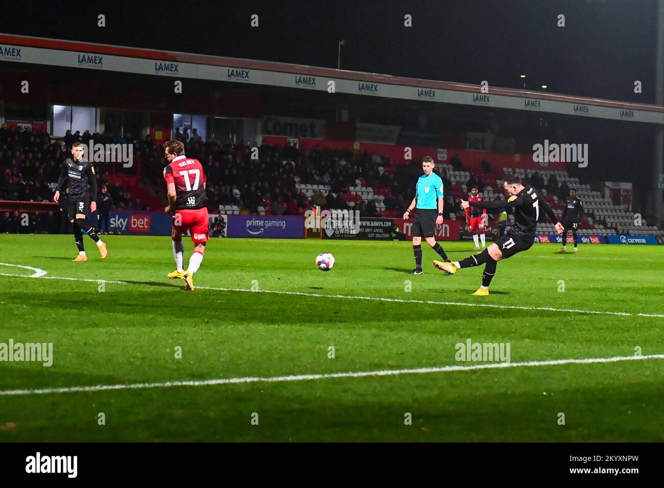 Josh Kay (11 Barrow) shoots early on during the Sky Bet League 2 match between Stevenage and Barrow at the Lamex Stadium, Stevenage on Friday 2nd December 2022. (Credit: Kevin Hodgson | MI News) Credit: MI News & Sport /Alamy Live News Stock Photo