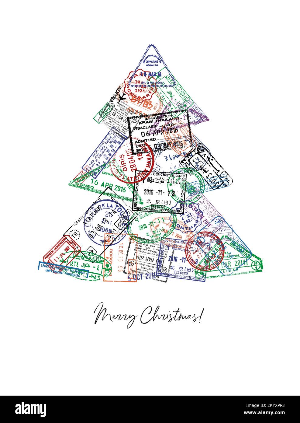 Christmas Tree made from a passport stamps different countries poster style Stock Photo