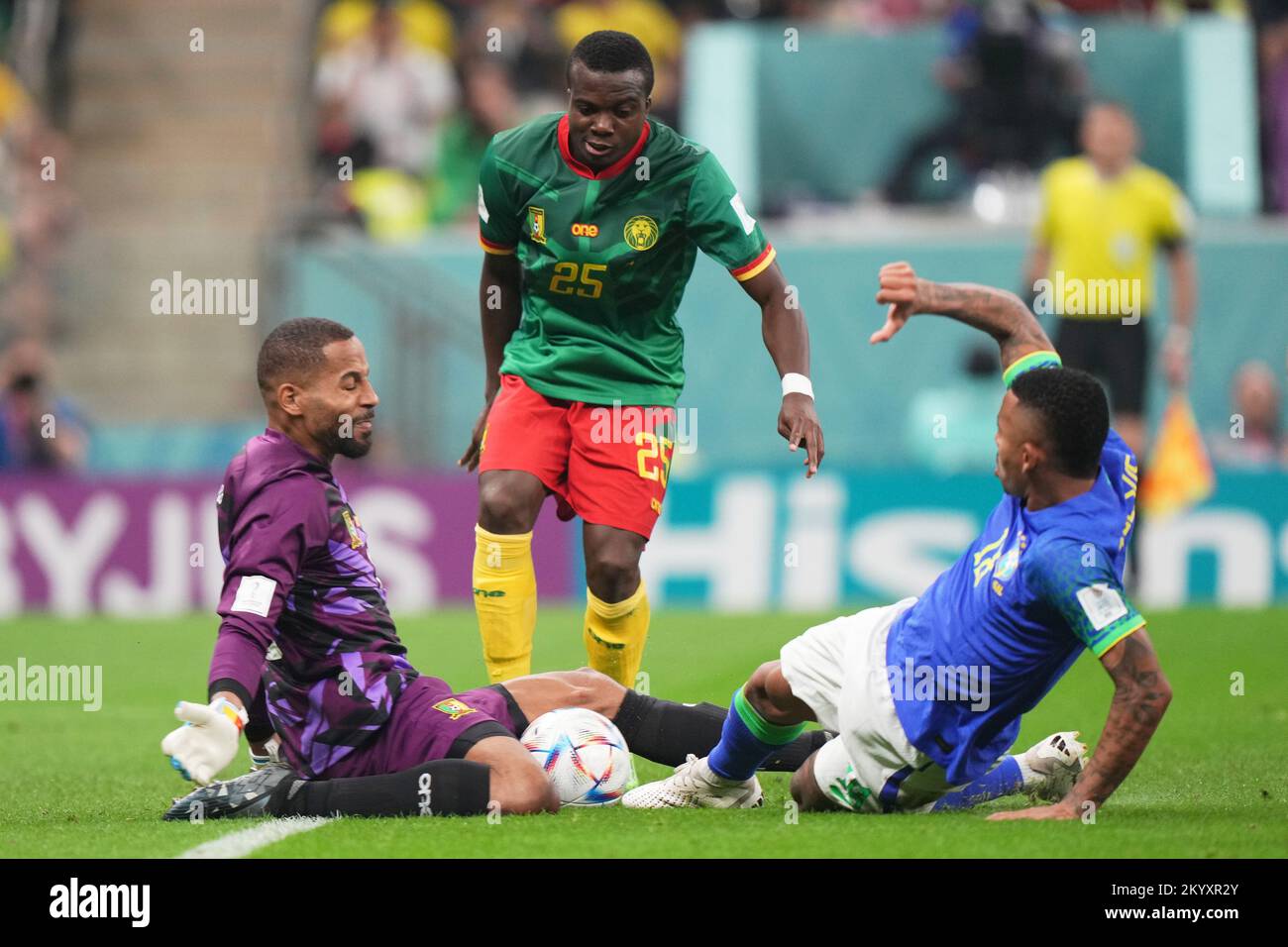 Lusail, Qatar. 02nd Dec, 2022. Devis Epassy, Tolo Nouhou of Cameroon and Gabriel Jesus of Brazil during the FIFA World Cup Qatar 2022 match, Group G, between Cameroon and Brazil played at Lusail Stadium on Dec 2, 2022 in Lusail, Qatar. (Photo by Bagu Blanco/Pressinphoto/Sipa USA) Credit: Sipa USA/Alamy Live News Stock Photo