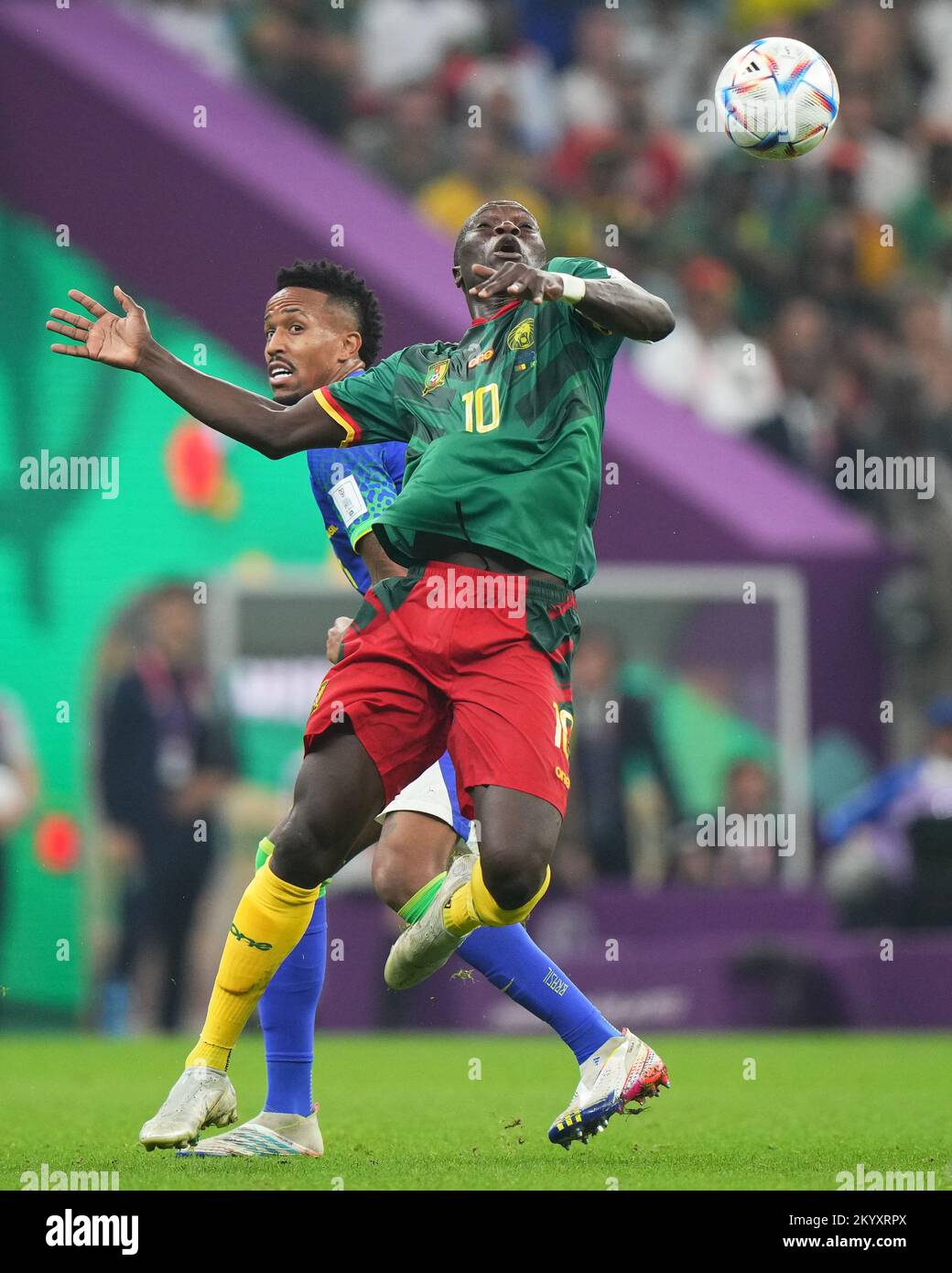 Eder Militan of Brazil and Vincent Aboubakar of Cameroon during the FIFA World Cup Qatar 2022 match, Group G, between Cameroon and Brazil played at Lusail Stadium on Dec 2, 2022 in Lusail, Qatar. (Photo by Bagu Blanco / PRESSIN) Stock Photo