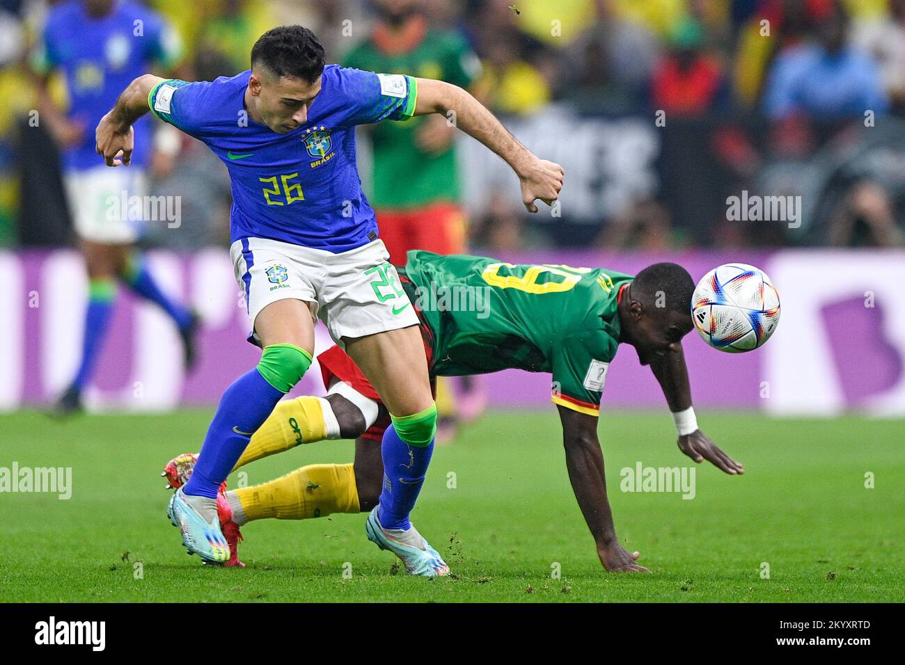 LUSAIL CITY, QATAR - DECEMBER 2: Gabriel Martinelli of Brazil battles for the ball with Collins Fai of Cameroon during the Group G - FIFA World Cup Qatar 2022 match between Cameroon and Brazil at the Lusail Stadium on December 2, 2022 in Lusail City, Qatar (Photo by Pablo Morano/BSR Agency) Stock Photo