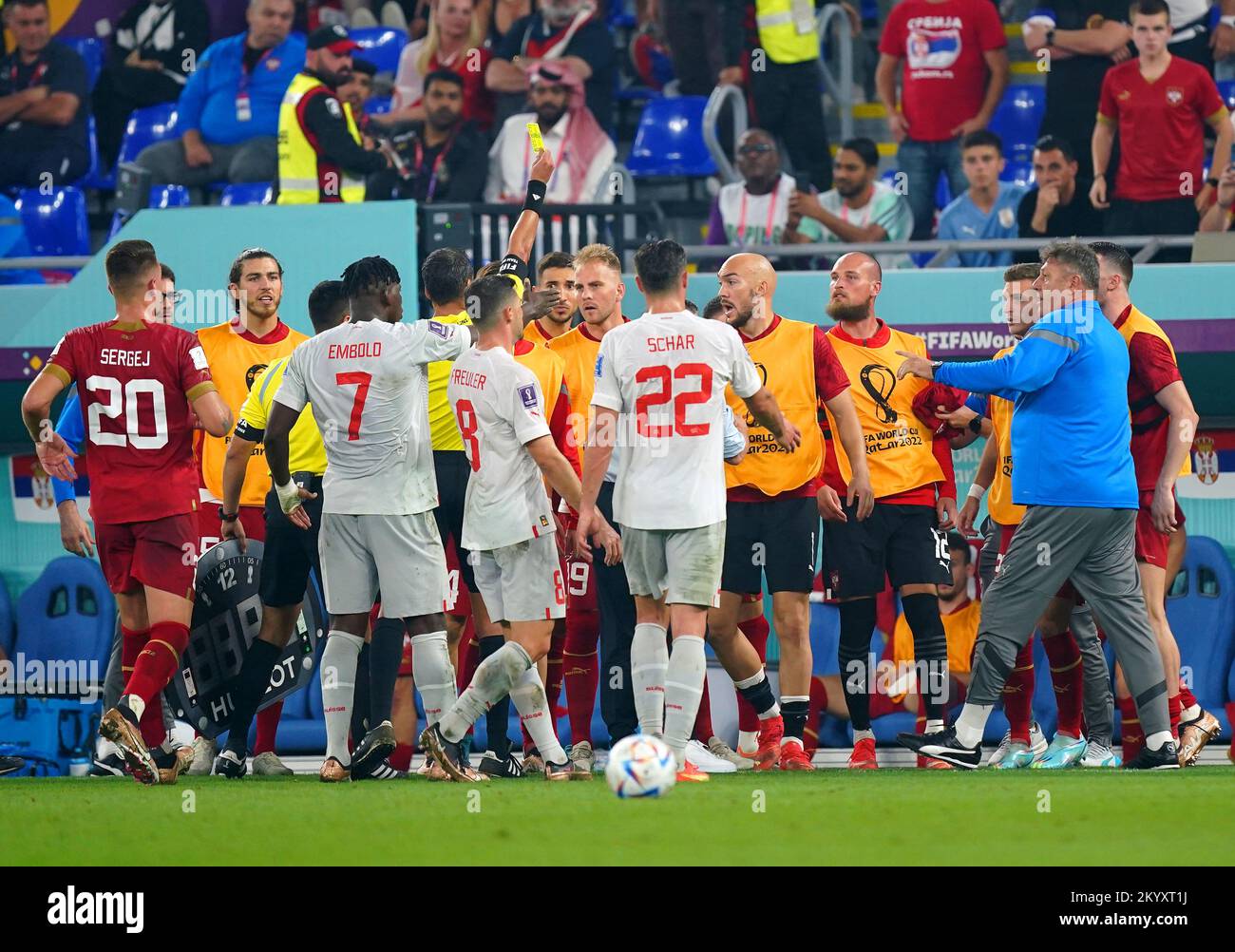 Serbia substitute goalkeeper Predrag Rajkovic is shown a yellow card as tempers flare between players during the FIFA World Cup Group G match at Stadium 974 in Doha, Qatar. Picture date: Friday December 2, 2022. Stock Photo