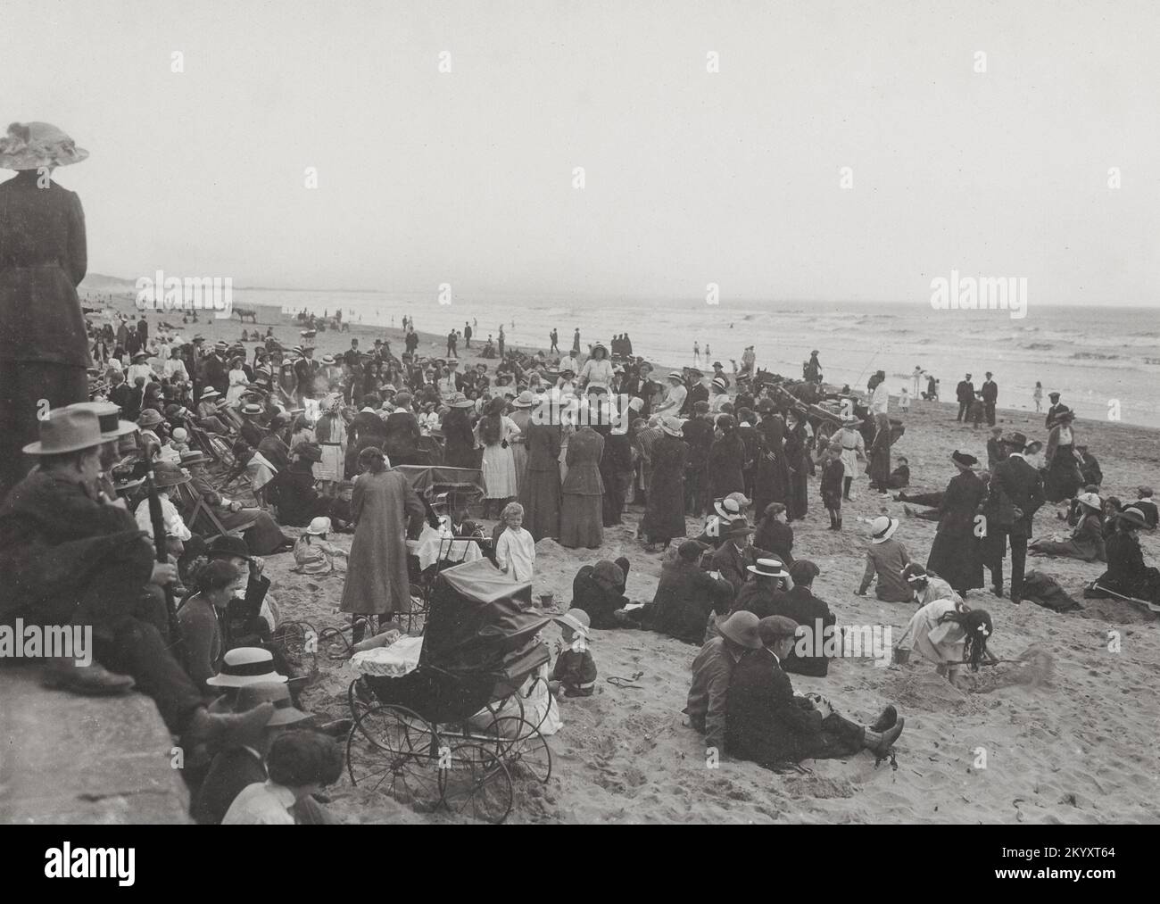Vintage photograph 1913 Crowded beach scene,