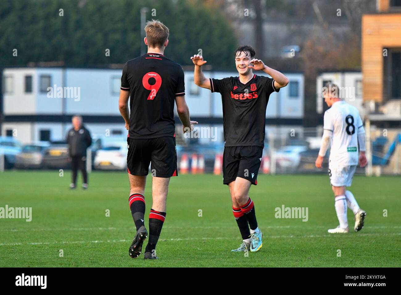Swansea, Wales. 2 December 2022. Nathan Lowe of Stoke City celebrates scoring the third goal