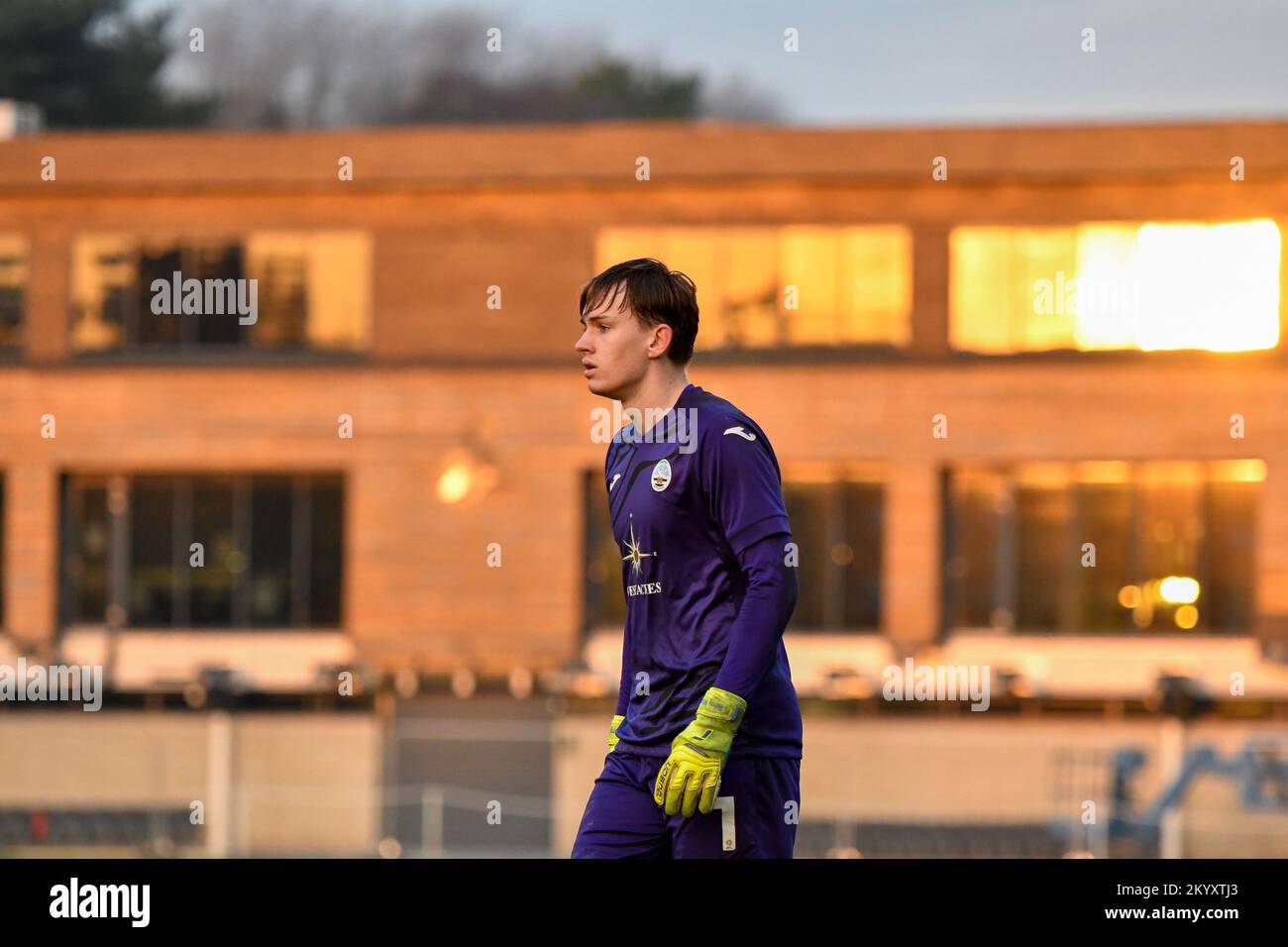 Swansea, Wales. 2 December 2022. Goalkeeper Remy Mitchell of Swansea City during the Premier League Cup game between Swansea City Under 21 and Stoke City Under 21 at the Swansea City Academy in Swansea, Wales, UK on 2 December 2022. Credit: Duncan Thomas/Majestic Media/Alamy Live News. Stock Photo