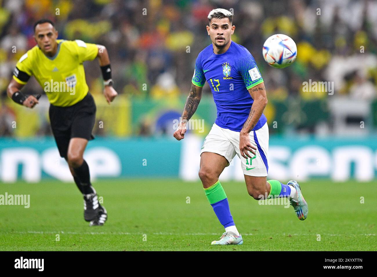 LUSAIL CITY, QATAR - DECEMBER 2: Bruno Guimaraes of Brazil in action during the Group G - FIFA World Cup Qatar 2022 match between Cameroon and Brazil at the Lusail Stadium on December 2, 2022 in Lusail City, Qatar (Photo by Pablo Morano/BSR Agency) Stock Photo