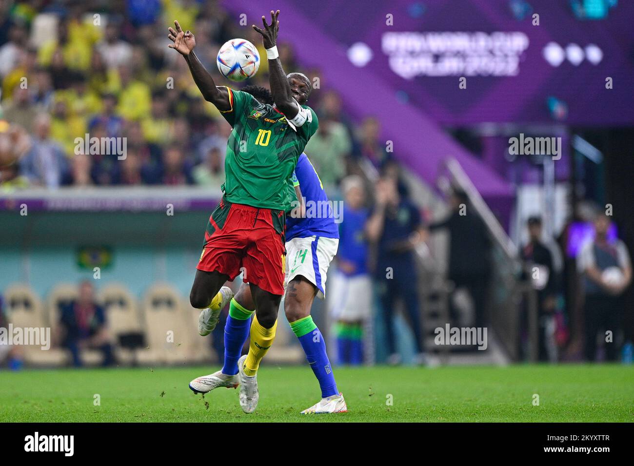 LUSAIL CITY, QATAR - DECEMBER 2: Vincent Aboubakar of Cameroon in action during the Group G - FIFA World Cup Qatar 2022 match between Cameroon and Brazil at the Lusail Stadium on December 2, 2022 in Lusail City, Qatar (Photo by Pablo Morano/BSR Agency) Stock Photo