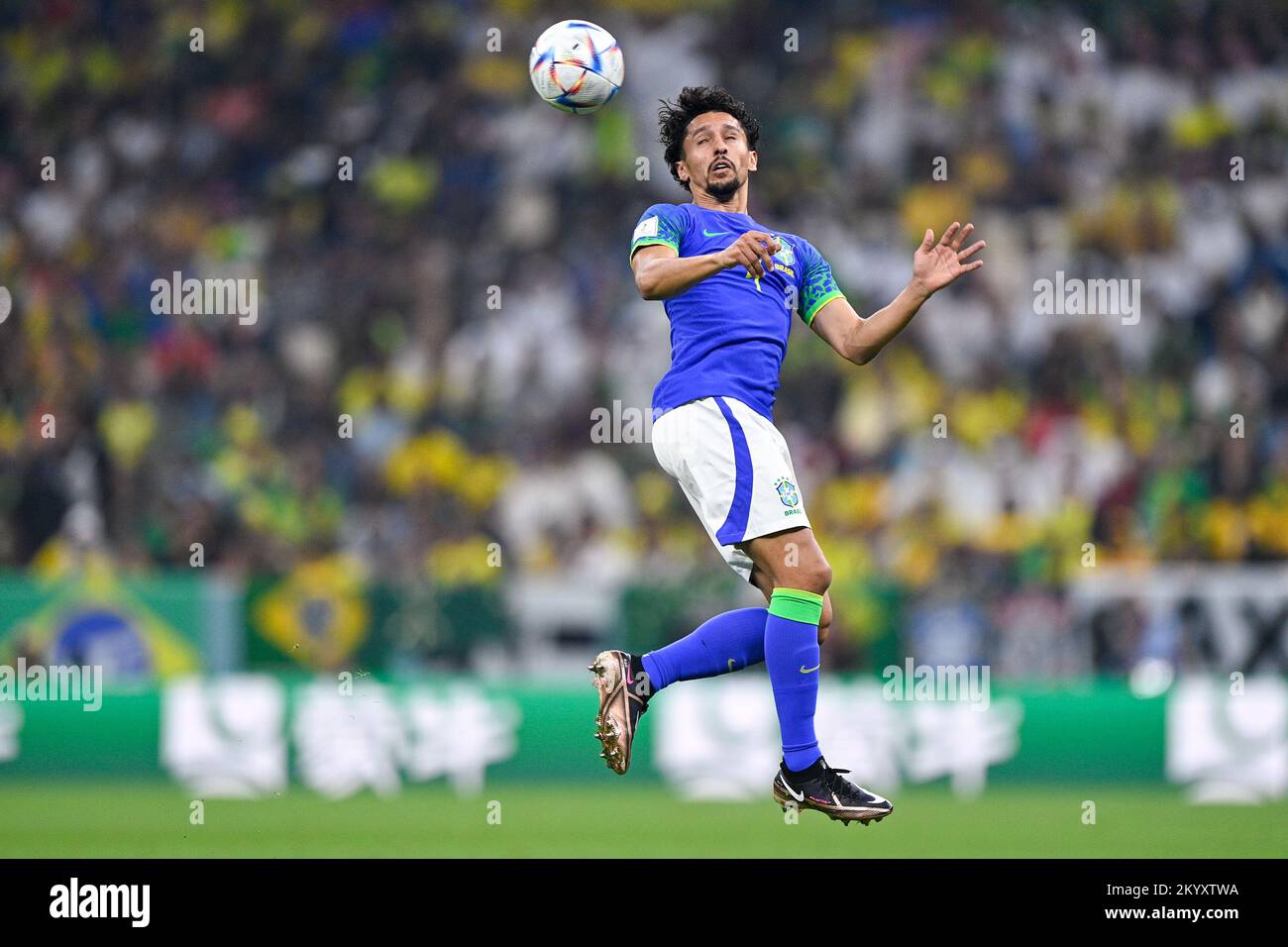 LUSAIL CITY, QATAR - DECEMBER 2: Marquinhos of Brazil wins a defensive header during the Group G - FIFA World Cup Qatar 2022 match between Cameroon and Brazil at the Lusail Stadium on December 2, 2022 in Lusail City, Qatar (Photo by Pablo Morano/BSR Agency) Stock Photo