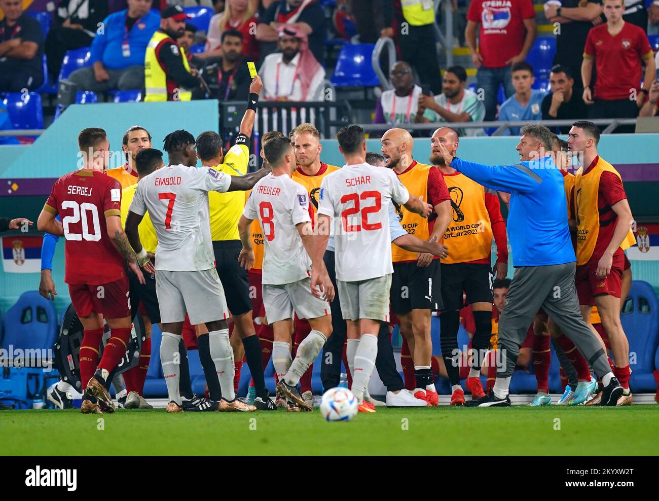 Serbia substitute goalkeeper Predrag Rajkovic is shown a yellow card as tempers flare between players during the FIFA World Cup Group G match at Stadium 974 in Doha, Qatar. Picture date: Friday December 2, 2022. Stock Photo