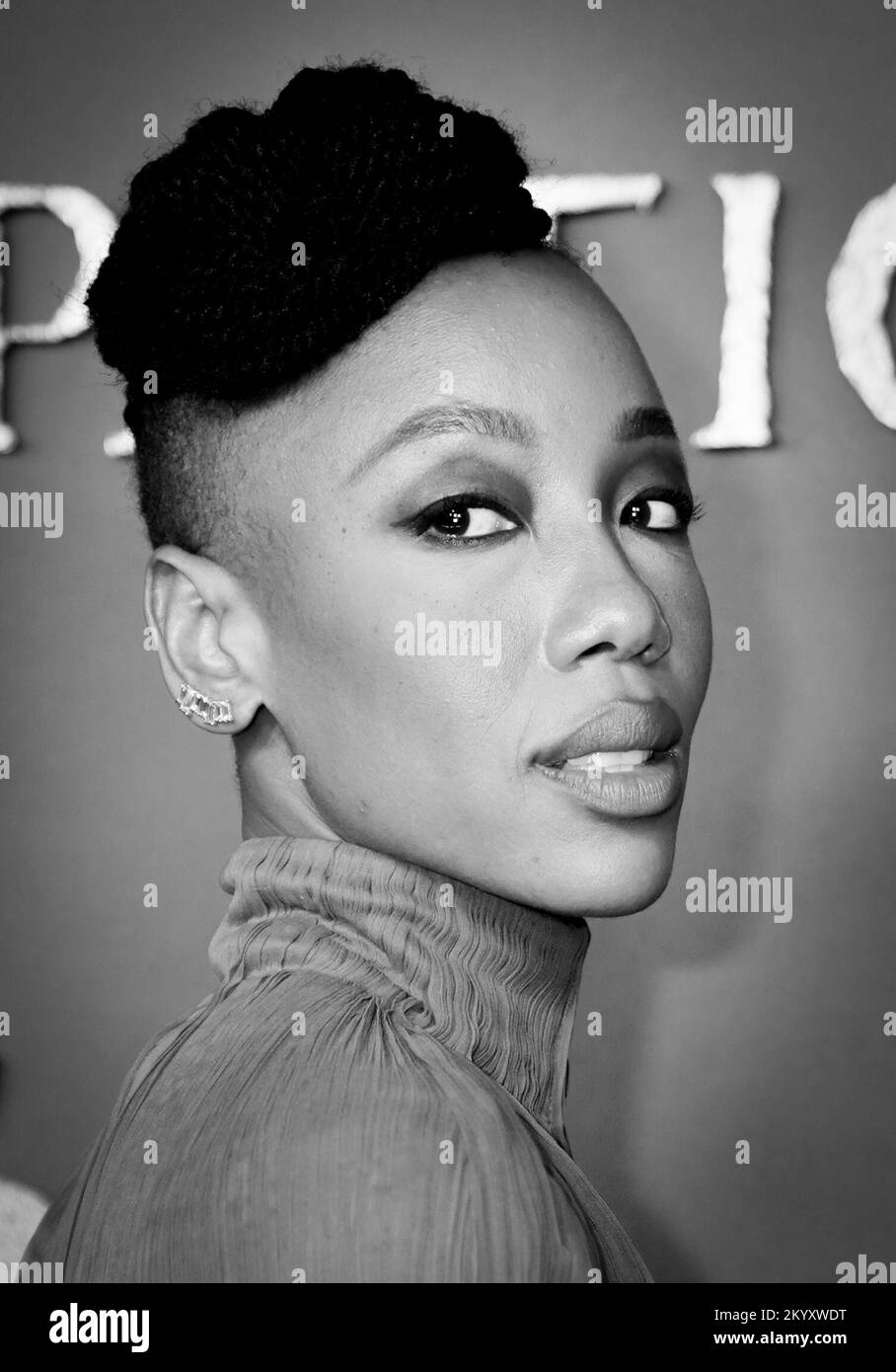 CONVERTED TO BLACK AND WHITE Charmaine Bingwa attends the European Premiere of Emancipation at the Vue West End, Leicester Square, London. Picture date: Friday December 2, 2022. Stock Photo