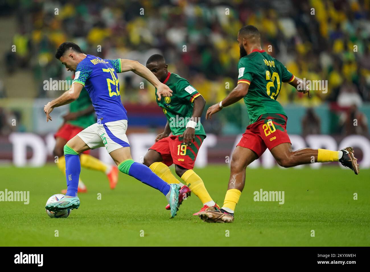 Lusail, Qatar. 02nd Dec, 2022. December 2, 2022, Lusail, Lusail, Qatar, Qatar: LUSAIL, QATAR - DECEMBER 2: Player of Brazil Gabriel Martinelli drives the ball under the pressure of player of Cameroon Collins Fai and Bryan Mbeumo during the FIFA World Cup Qatar 2022 group G match between Brazil and Cameroon at Lusail Stadium on December 2, 2022 in Lusail, Qatar. (Credit Image: © Florencia Tan Jun/PX Imagens via ZUMA Press Wire) Credit: ZUMA Press, Inc./Alamy Live News Credit: ZUMA Press, Inc./Alamy Live News Stock Photo