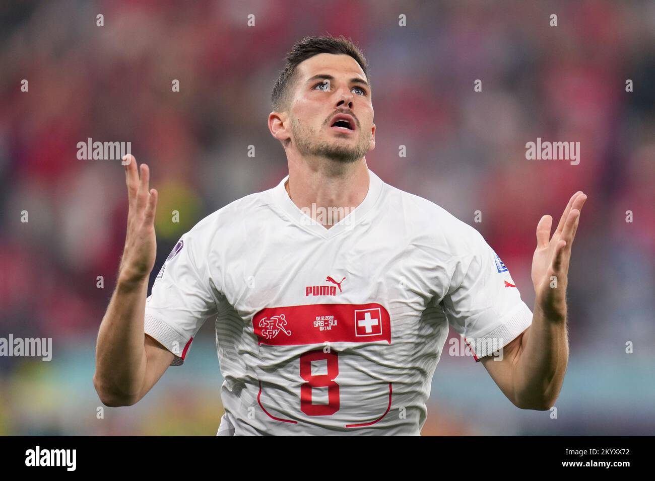 Doha, Qatar. 2nd Dec, 2022. Remo Freuler of Switzerland celebrates scoring during the Group G match between Serbia and Switzerland at the 2022 FIFA World Cup at Stadium 974 in Doha, Qatar, Dec. 2, 2022. Credit: Meng Dingbo/Xinhua/Alamy Live News Stock Photo