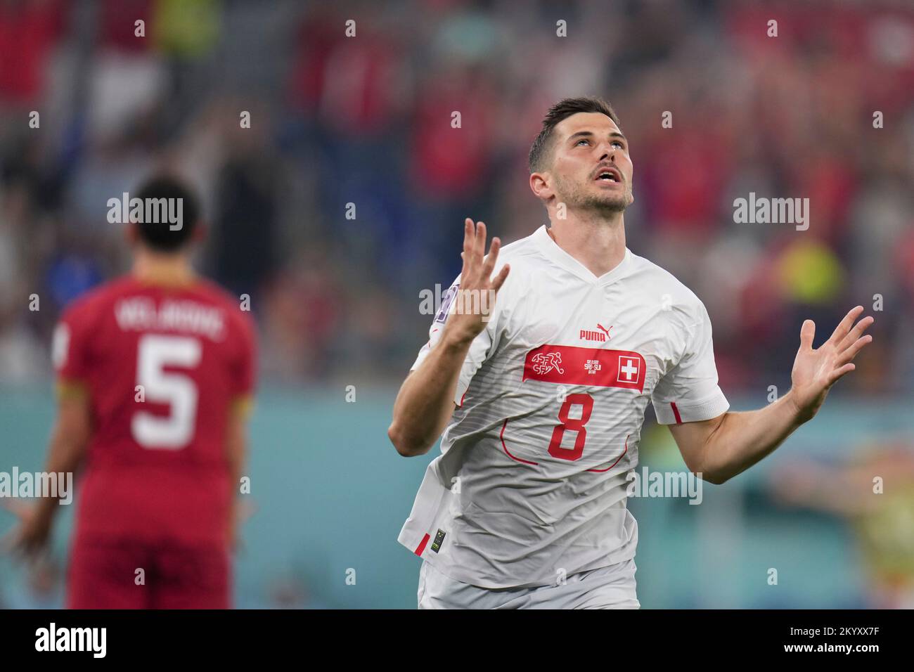 Doha, Qatar. 2nd Dec, 2022. Remo Freuler of Switzerland celebrates scoring during the Group G match between Serbia and Switzerland at the 2022 FIFA World Cup at Stadium 974 in Doha, Qatar, Dec. 2, 2022. Credit: Meng Dingbo/Xinhua/Alamy Live News Stock Photo