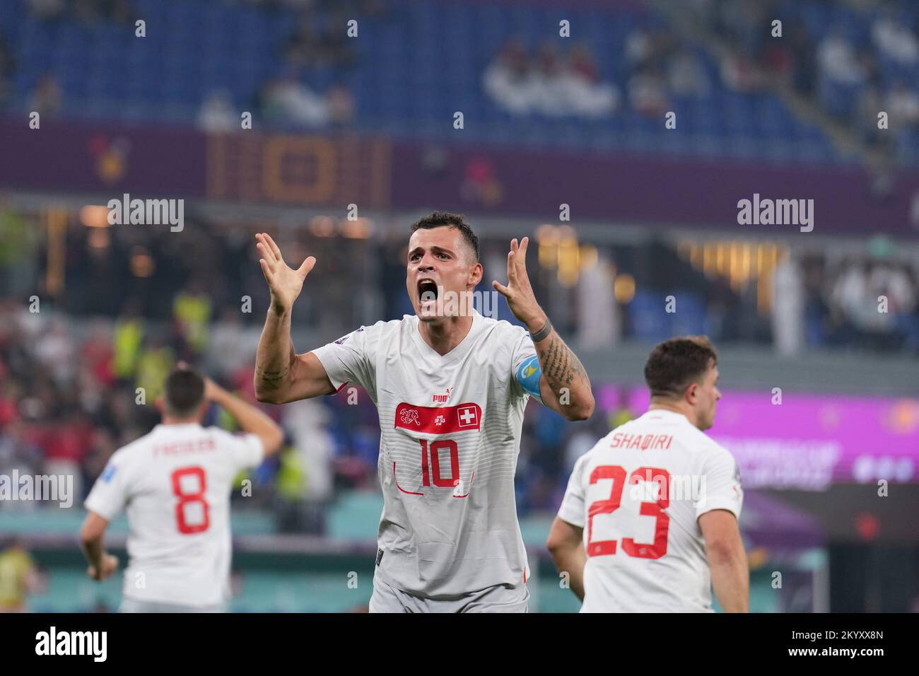 Doha, Qatar. 2nd Dec, 2022. Granit Xhaka of Switzerland reacts during the Group G match between Serbia and Switzerland at the 2022 FIFA World Cup at Stadium 974 in Doha, Qatar, Dec. 2, 2022. Credit: Meng Dingbo/Xinhua/Alamy Live News Stock Photo