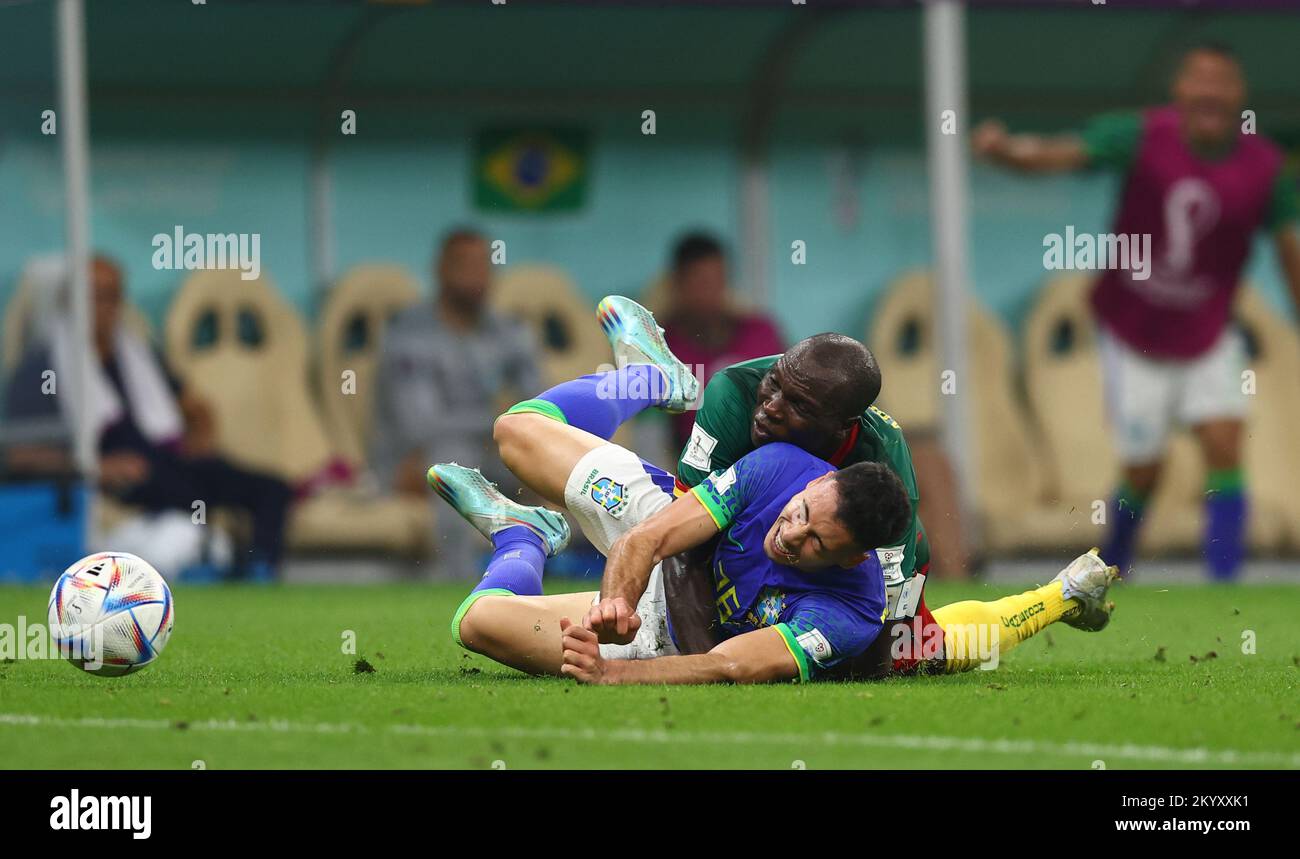 Doha, Qatar, 2nd December 2022. Vincent Aboubakar of Cameroon tackles Gabriel Martinelli of Brazil  during the FIFA World Cup 2022 match at Lusail Stadium, Doha. Picture credit should read: David Klein / Sportimage Credit: Sportimage/Alamy Live News Stock Photo