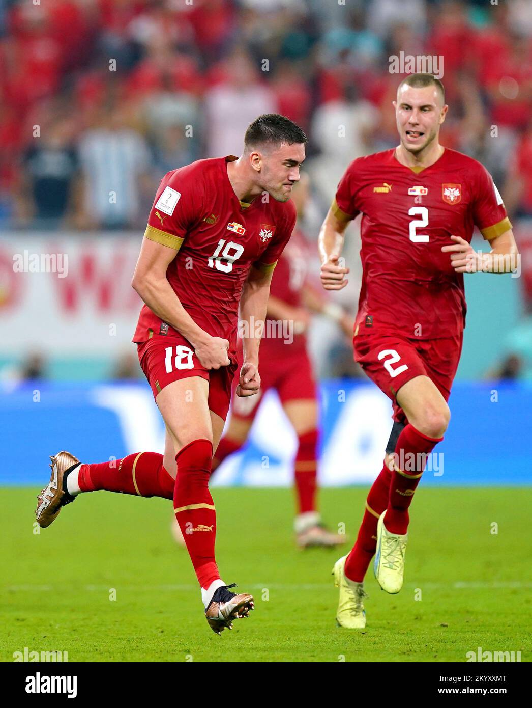 Serbia's Dusan Vlahovic (left) celebrates scoring their side's second goal of the game during the FIFA World Cup Group G match at Stadium 974 in Doha, Qatar. Picture date: Friday December 2, 2022. Stock Photo