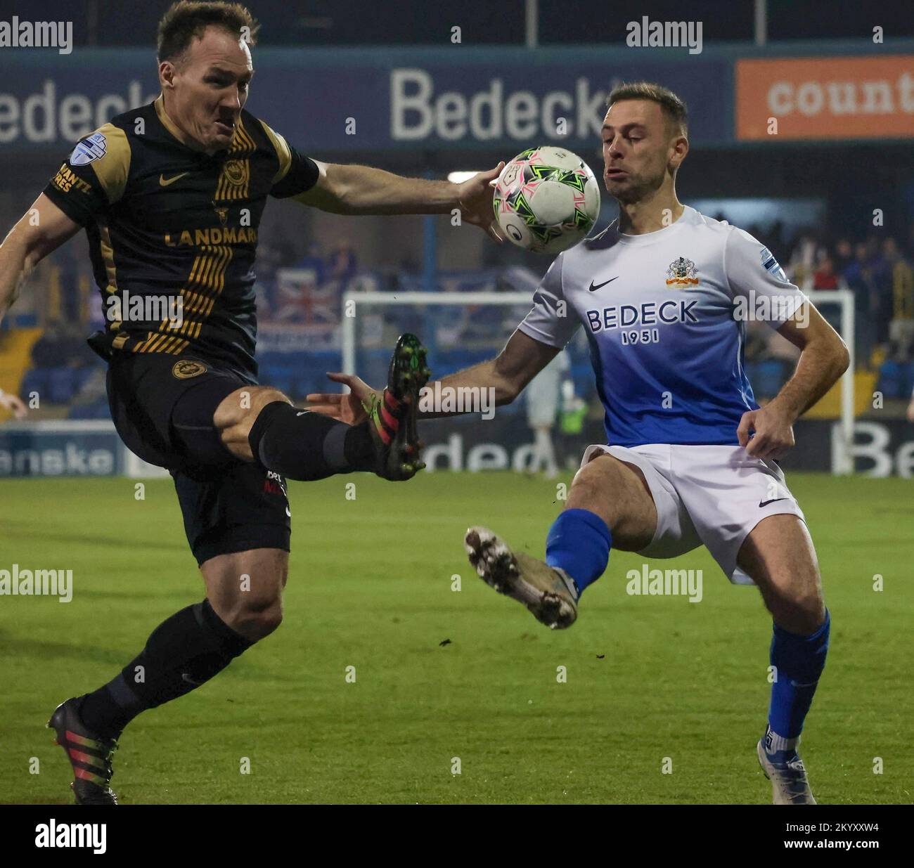Mourneview Park, Lurgan, County Armagh, Northern Ireland, UK. 2 Dec 2022. Danske Bank Premiership – Glenavon v Larne Action from tonight's game at Mourneview Park (Glenavon in blue). Albert Waton  Larne (left) with Matthew Fitzpatrick. Credit: CAZIMB/Alamy Live News. Stock Photo