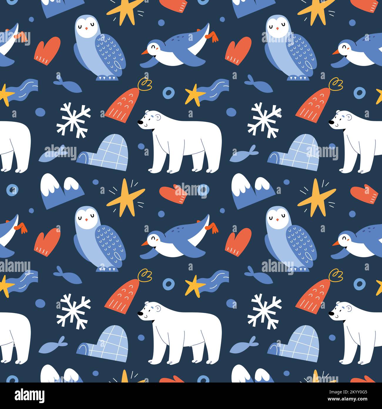Northern animals print, cute polar bear, snow owl and adorable penguin, arctic mammals illustrations, seamless vector pattern Stock Vector