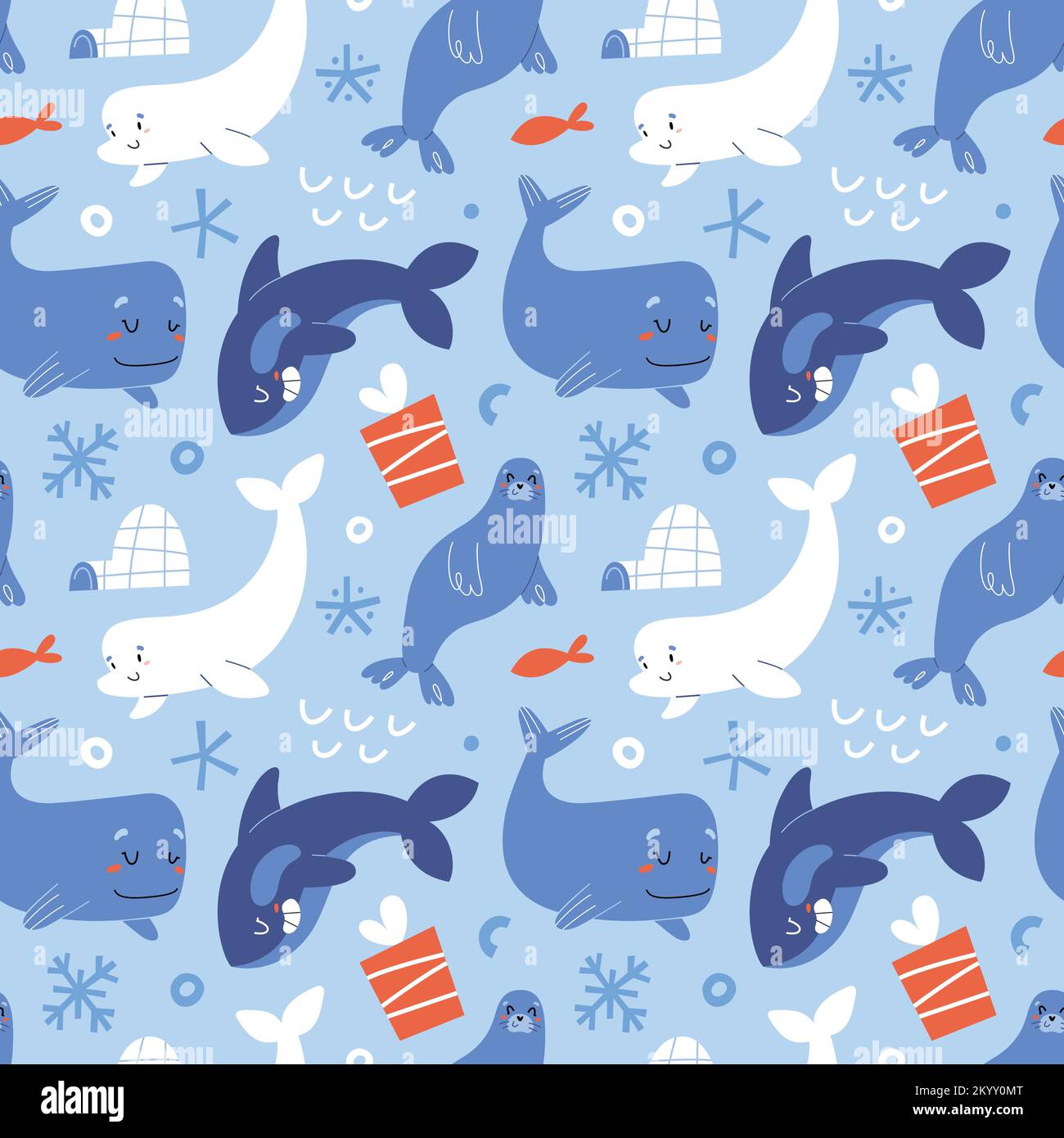 Arctic sea animals, cute blue whale, killer whale, beluga and seal, seamless pattern, adorable underwater mammals, Christmas print Stock Vector