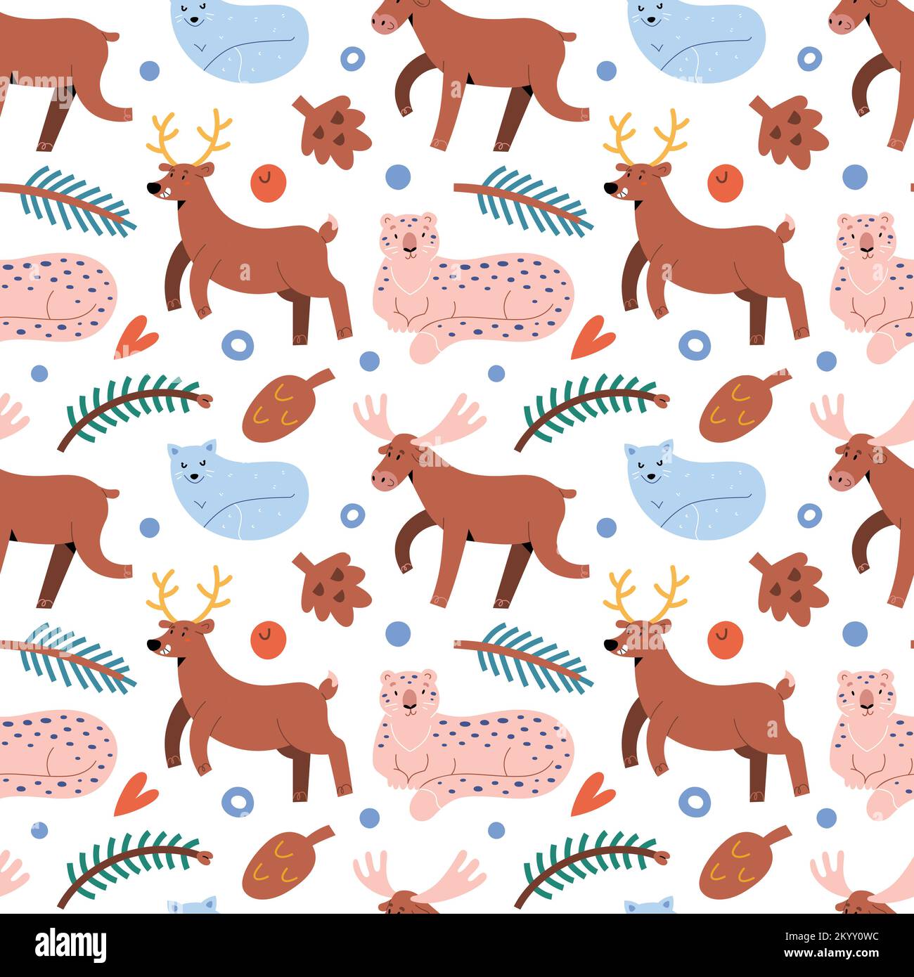 North forest animals pattern, cute reindeer, funny moose and white arctic fox, adorable snow leopard, seamless background Stock Vector