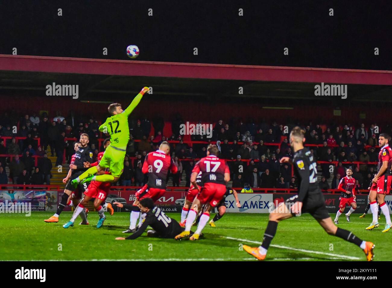 Goalkeeper Ashby Hammond (12 Stevenage) punches away a cross during the Sky Bet League 2 match between Stevenage and Barrow at the Lamex Stadium, Stevenage on Friday 2nd December 2022. (Credit: Kevin Hodgson | MI News) Credit: MI News & Sport /Alamy Live News Stock Photo