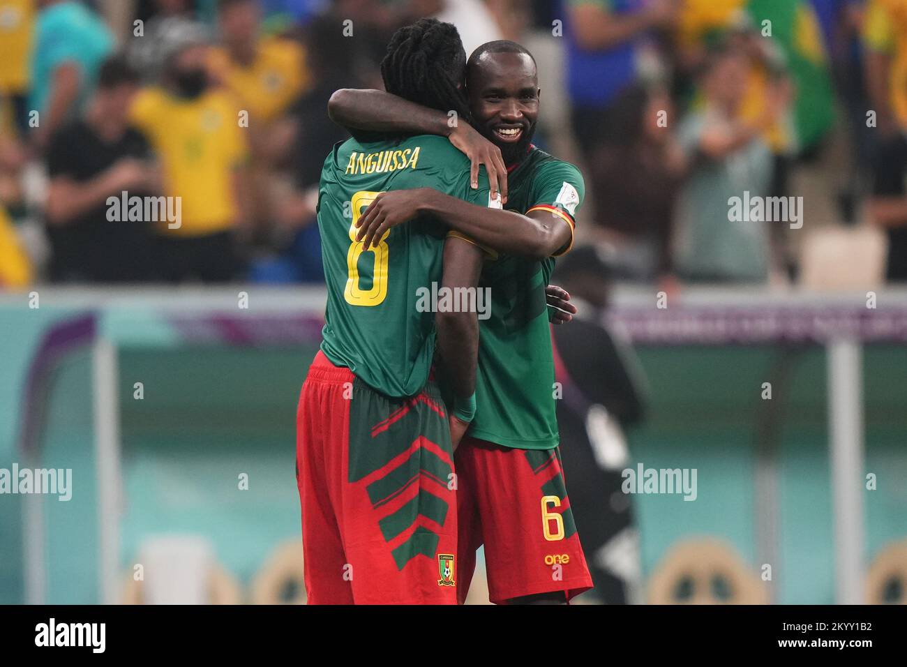 Nicolas Moumi Ngamaleu and Andre-Frank Zambo Anguissa of Cameroon during the FIFA World Cup Qatar 2022 match, Group G, between Cameroon and Brazil played at Lusail Stadium on Dec 2, 2022 in Lusail, Qatar. (Photo by Bagu Blanco / PRESSIN) Stock Photo