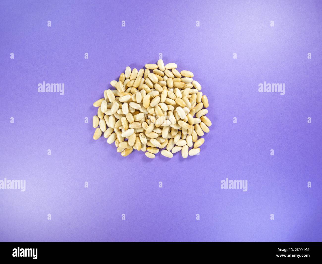 heap of used (for blind baking) navy bean, haricot, pearl haricot bean isolated on a purple background Stock Photo