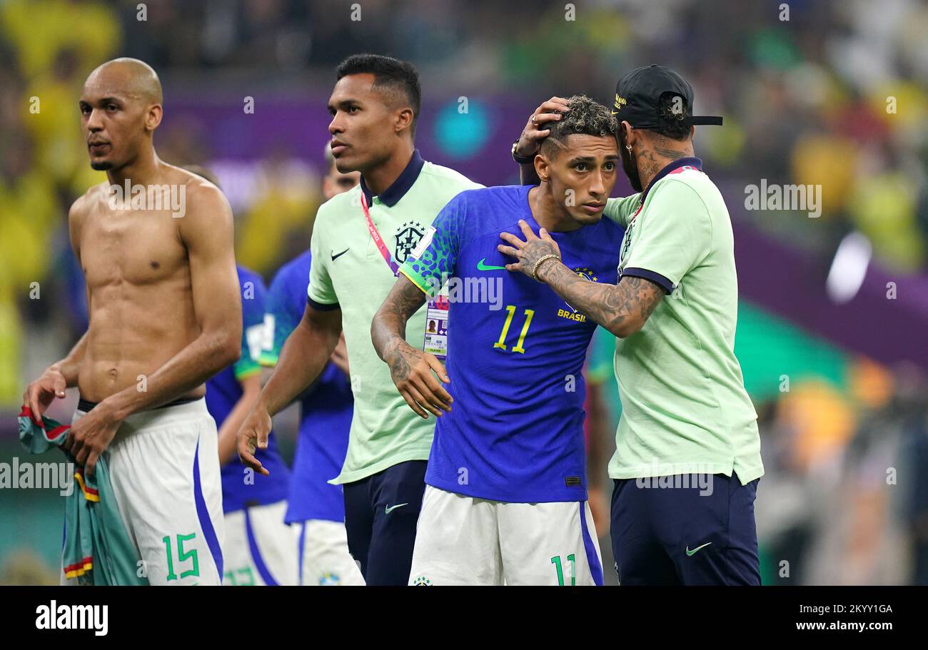 Brazil's Neymar talks with teammate Raphinha after the final whistle during the FIFA World Cup Group G match at the Lusail Stadium in Lusail, Qatar. Picture date: Friday December 2, 2022. Stock Photo