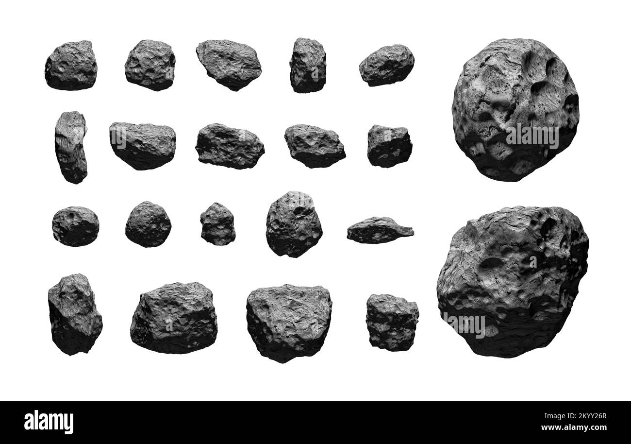 Set of asteroids isolated on white. Group of asteroids on white background. Meteorites. High resolution 3D rendering. Asteroids isolated on pure white Stock Photo
