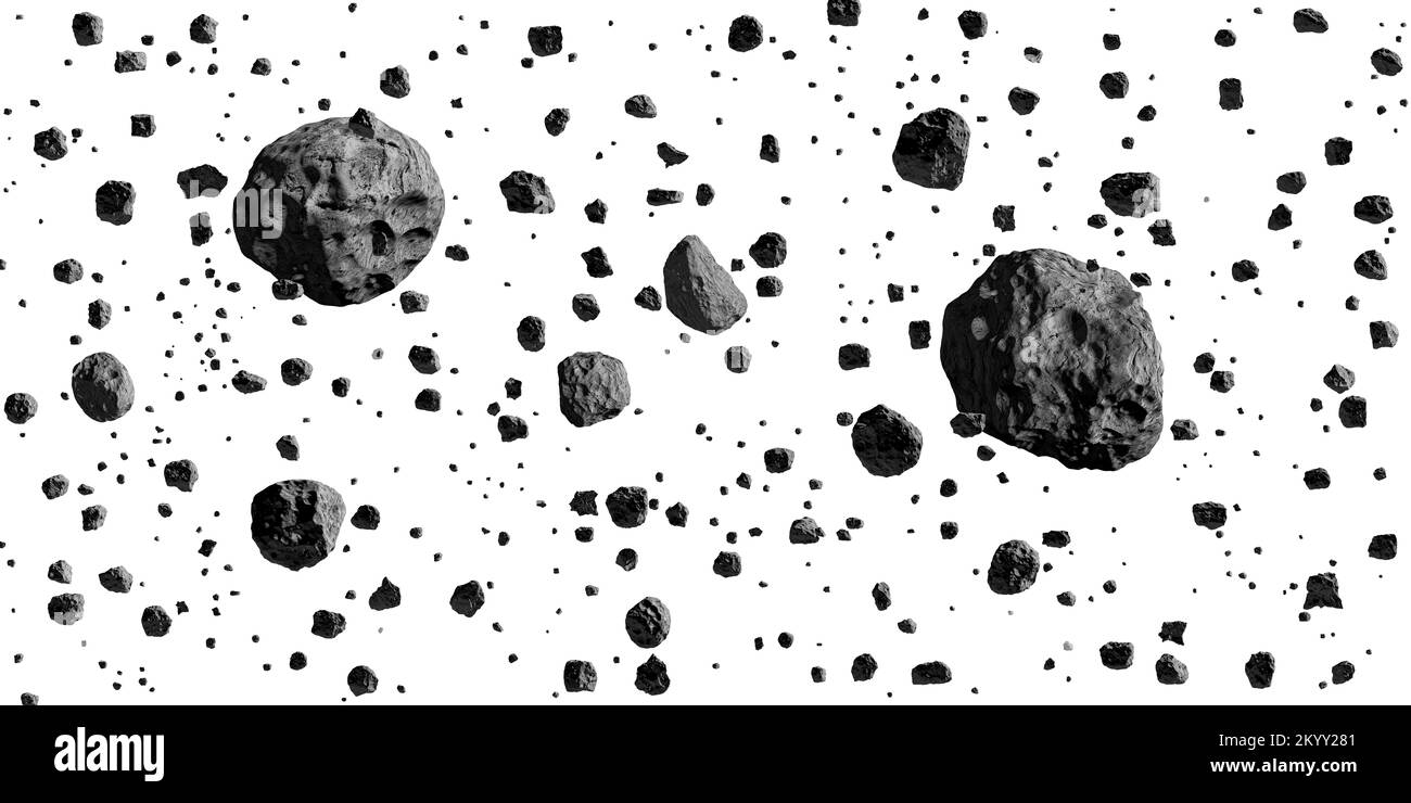 Asteroid belt. Meteorites. High resolution 3D rendering. Asteroids field isolated on pure white. Swarm of asteroids isolated on white background. Stock Photo