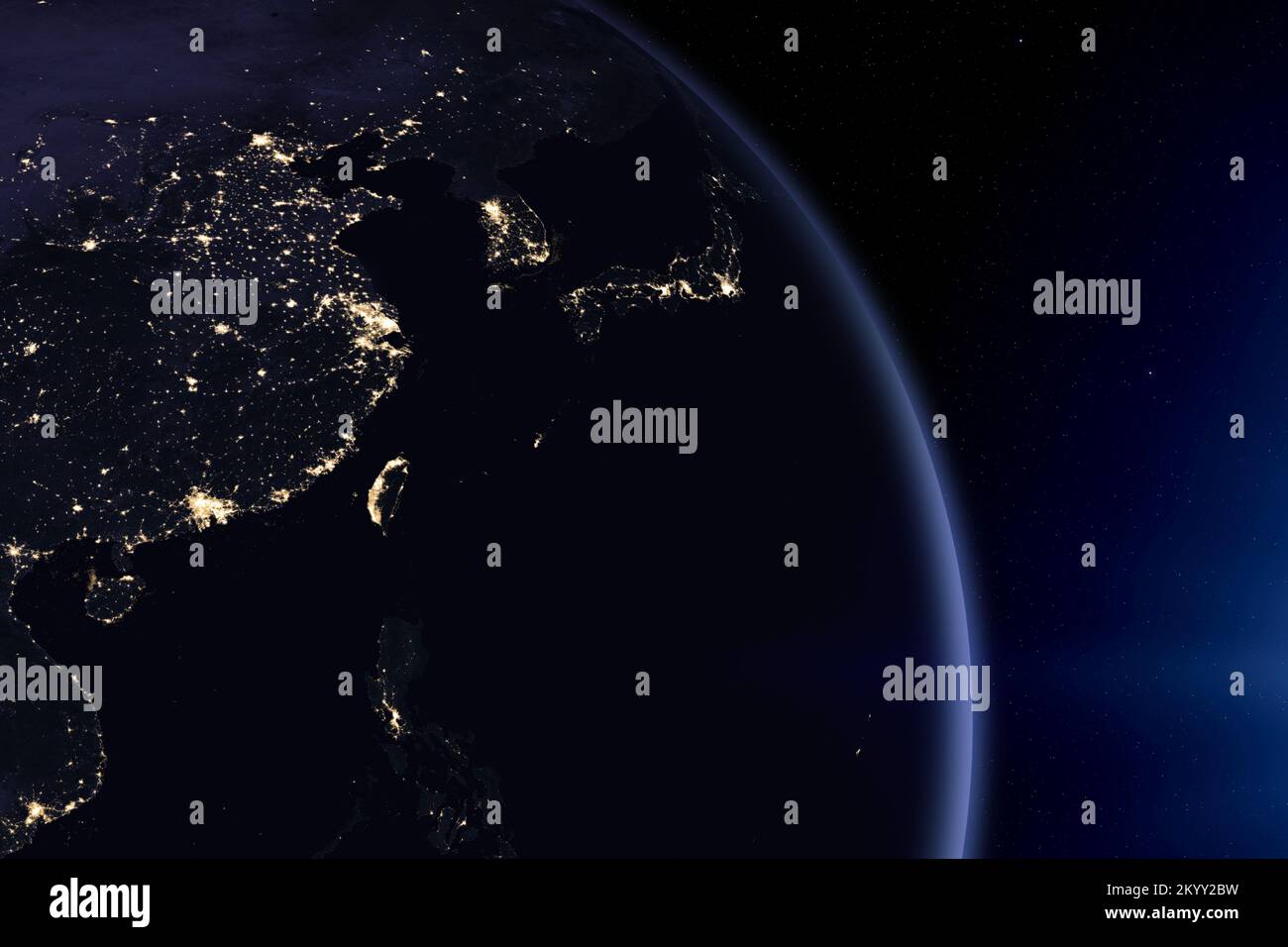 Planet Earth At Night. East Asia at night viewed from space with city lights. Mongolia, China, Japan, South Korea. Elements furnished by NASA. Stock Photo
