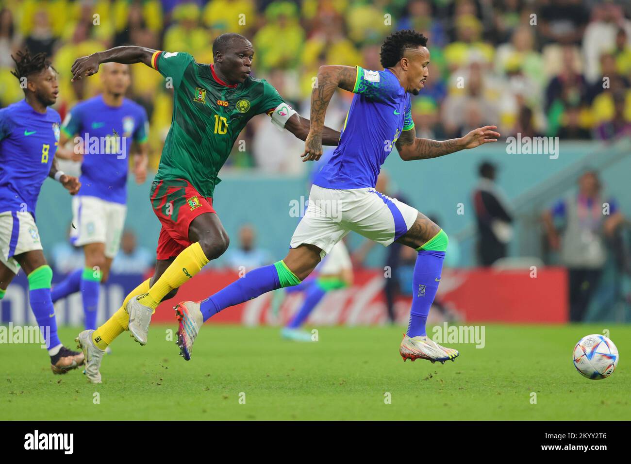 Lusail, Qatar. 02nd Dec, 2022. Eder Militao of Brazil dribbles the ball with Vincent Aboubakar of Cameroon in pursuit during the FIFA World Cup Qatar 2022 Group G match between Cameroon and Brazil at Lusail Stadium, Lusail, Qatar on 2 December 2022. Photo by Peter Dovgan. Editorial use only, license required for commercial use. No use in betting, games or a single club/league/player publications. Credit: UK Sports Pics Ltd/Alamy Live News Stock Photo
