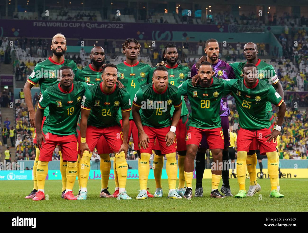 Cameroon team group (top row l-r) Eric Maxim Choupo-Moting, Moumi Ngamaleu, Christopher Wooh, AndrŽ-Frank Zambo Anguissa, goalkeeper Devis Epassy, Vincent Aboubakar (bottom row l-r) Collins Fai, Enzo Ebosse, Pierre Kunde, Bryan Mbeumo, Tolo Nouhou during the FIFA World Cup Group G match at the Lusail Stadium in Lusail, Qatar. Picture date: Friday December 2, 2022. Stock Photo