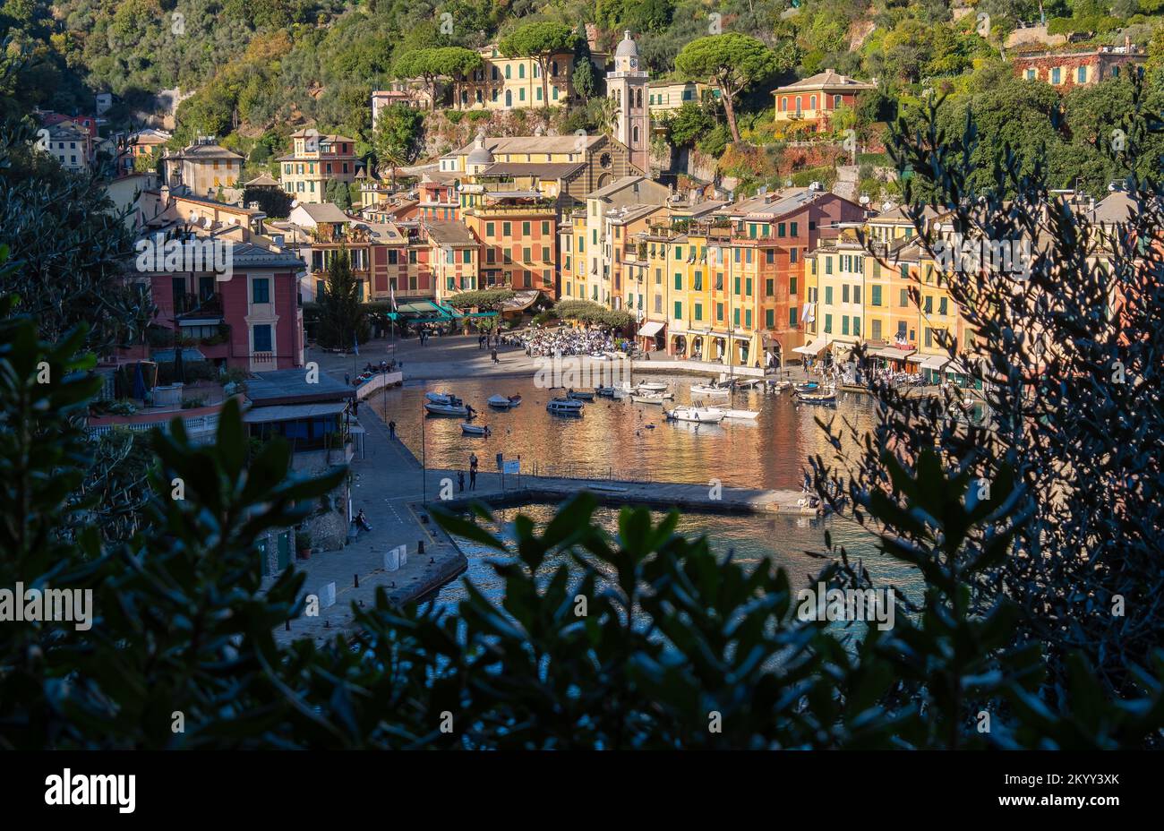 Beautiful bay with colorful houses - Portofino luxury travel destination. Village, yachts and boats in little marina. Liguria, Italy A vacation resort Stock Photo
