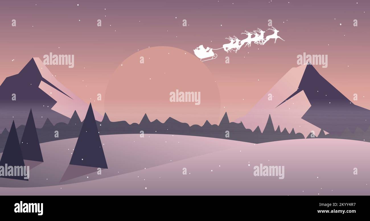 Image of snow falling over santa claus in sleigh with reindeer and winter landscape Stock Photo