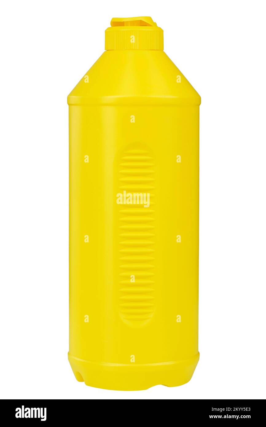 Yellow detergent plastic bottle with cleaning liquid isolated on white background. File contains