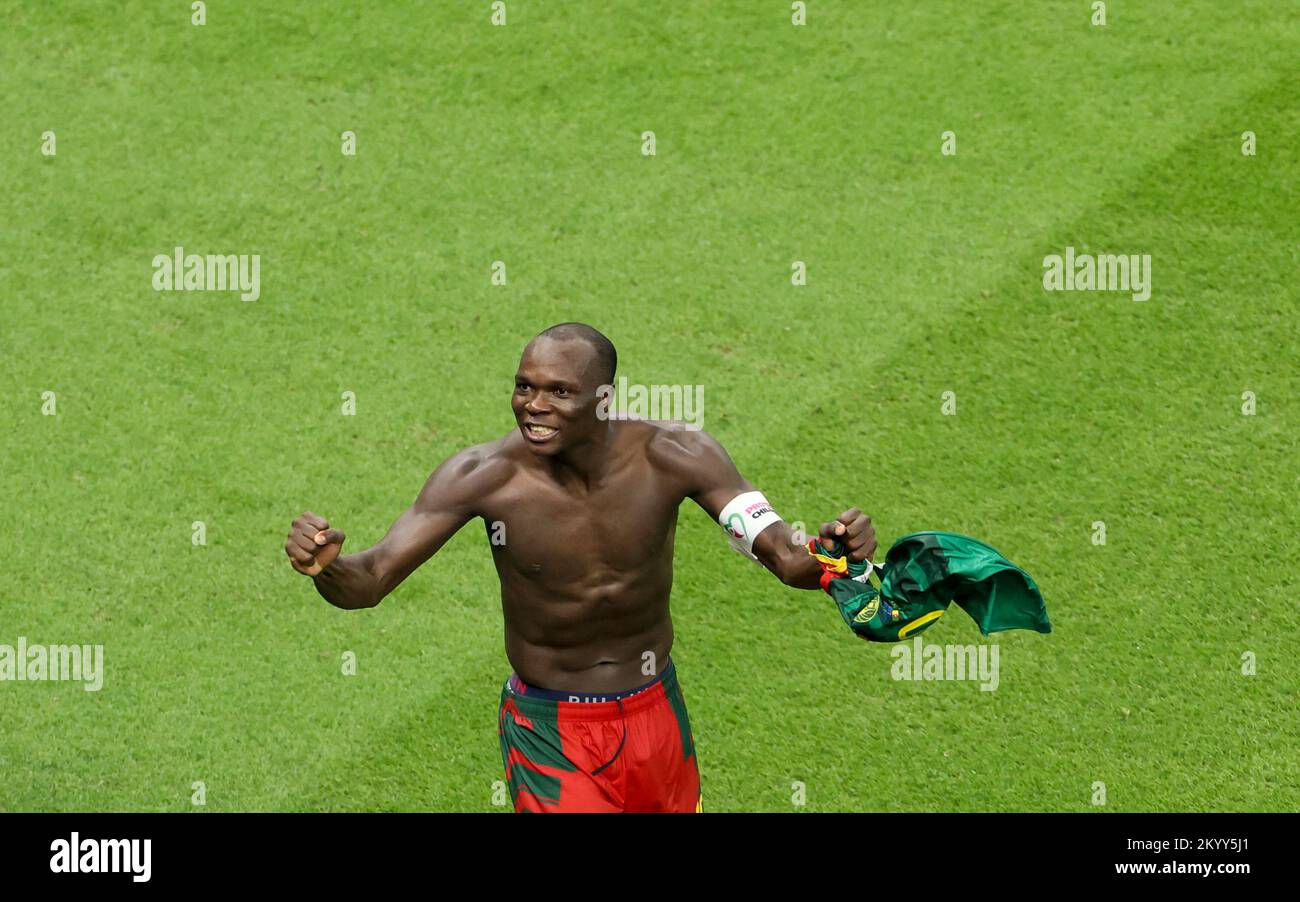 Lusail, Qatar. 2nd Dec, 2022. Vincent Aboubakar of Cameroon celebrates scoring during the Group G match between Cameroon and Brazil at the 2022 FIFA World Cup at Lusail Stadium in Lusail, Qatar, Dec. 2, 2022. Credit: Han Yan/Xinhua/Alamy Live News Stock Photo
