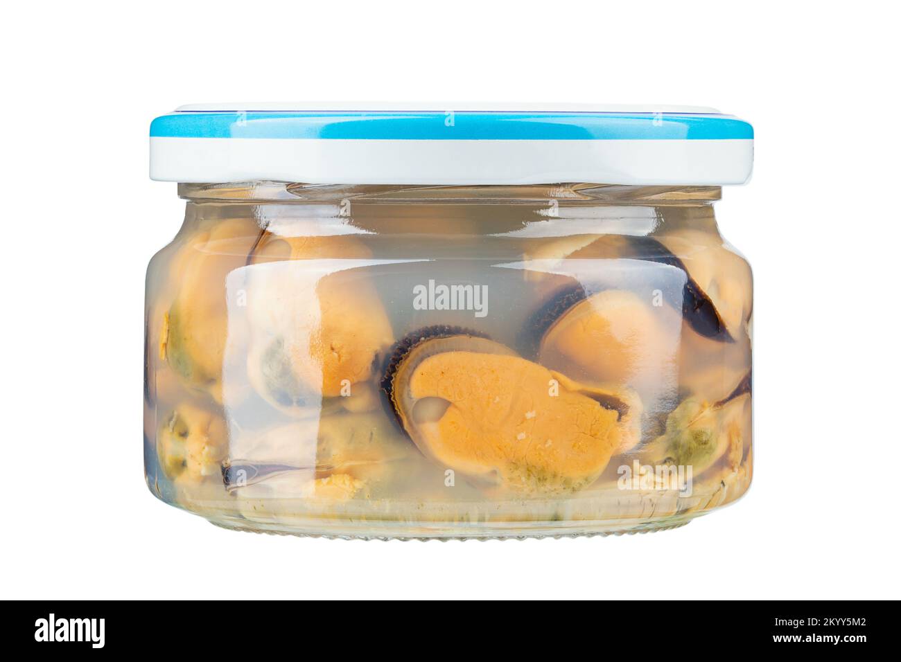 Glass jar with conserved mussels isolated on the white background. File