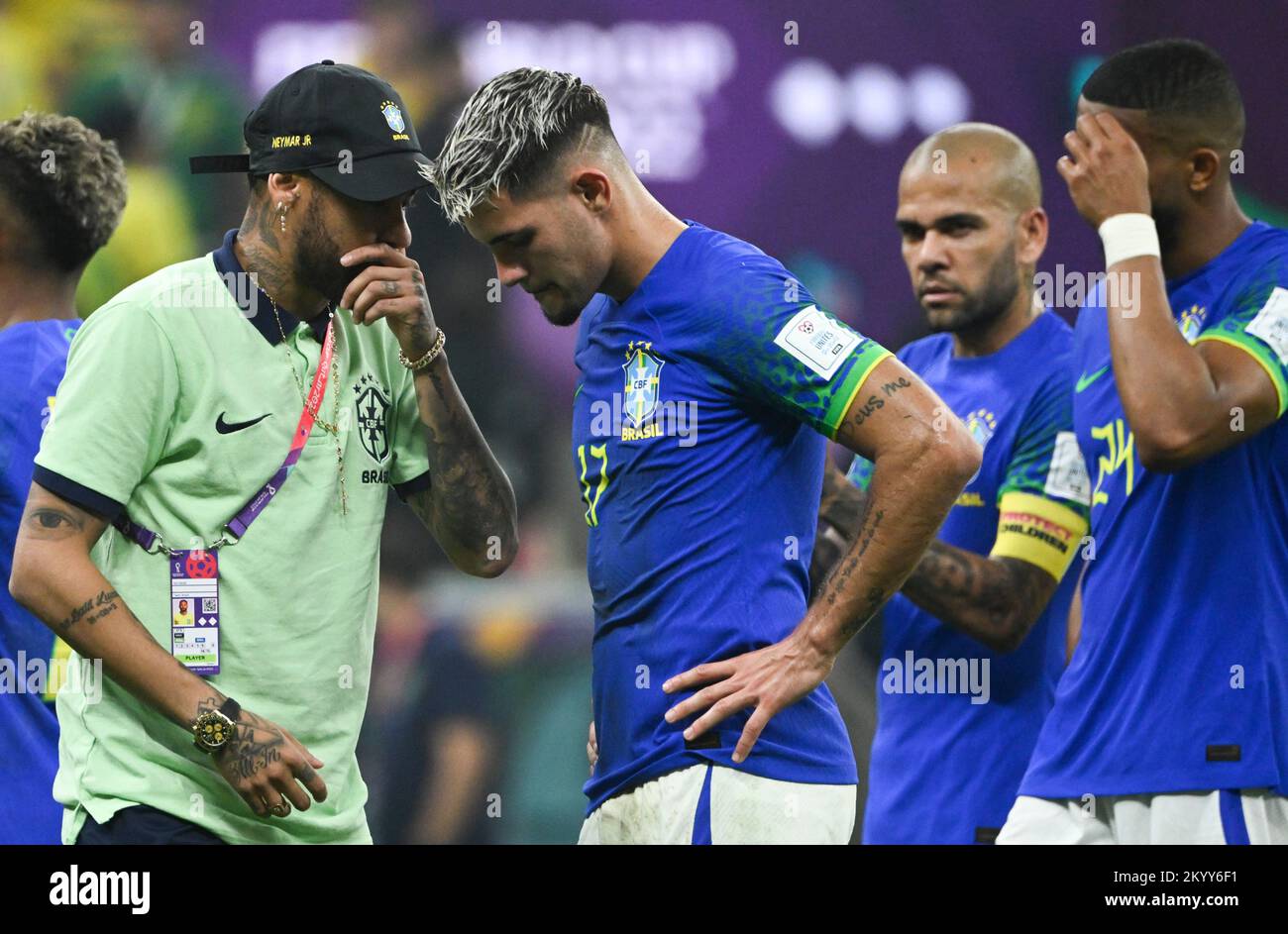Lusail, Qatar. 2nd Dec, 2022. Neymar (L) of Brazil talks to Bruno Guimaraes after the Group G match between Cameroon and Brazil at the 2022 FIFA World Cup at Lusail Stadium in Lusail, Qatar, Dec. 2, 2022. Credit: Li Ga/Xinhua/Alamy Live News Stock Photo