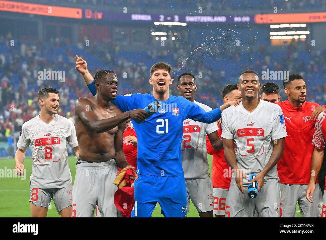 Doha, Katar. 02nd Dec, 2022. From left: Remo FREULER (SUI), ZAKARIA Denis (SUI), goalwart KOBEL Gregor (SUI), FERNANDES Edimilson (SUI), Manuel AKANJI (SUI), collective final jubilation after entering the round of 16, jubilation, joy, enthusiasm, Action. Serbia (SRB) - Switzerland (SUI) 2-3 Group stage Group G, Game 47 on 02.12.2022, Stadium 974, Football World Cup 2022 in Qatar from 20.11. - 18.12.2022 ? Credit: dpa/Alamy Live News Stock Photo