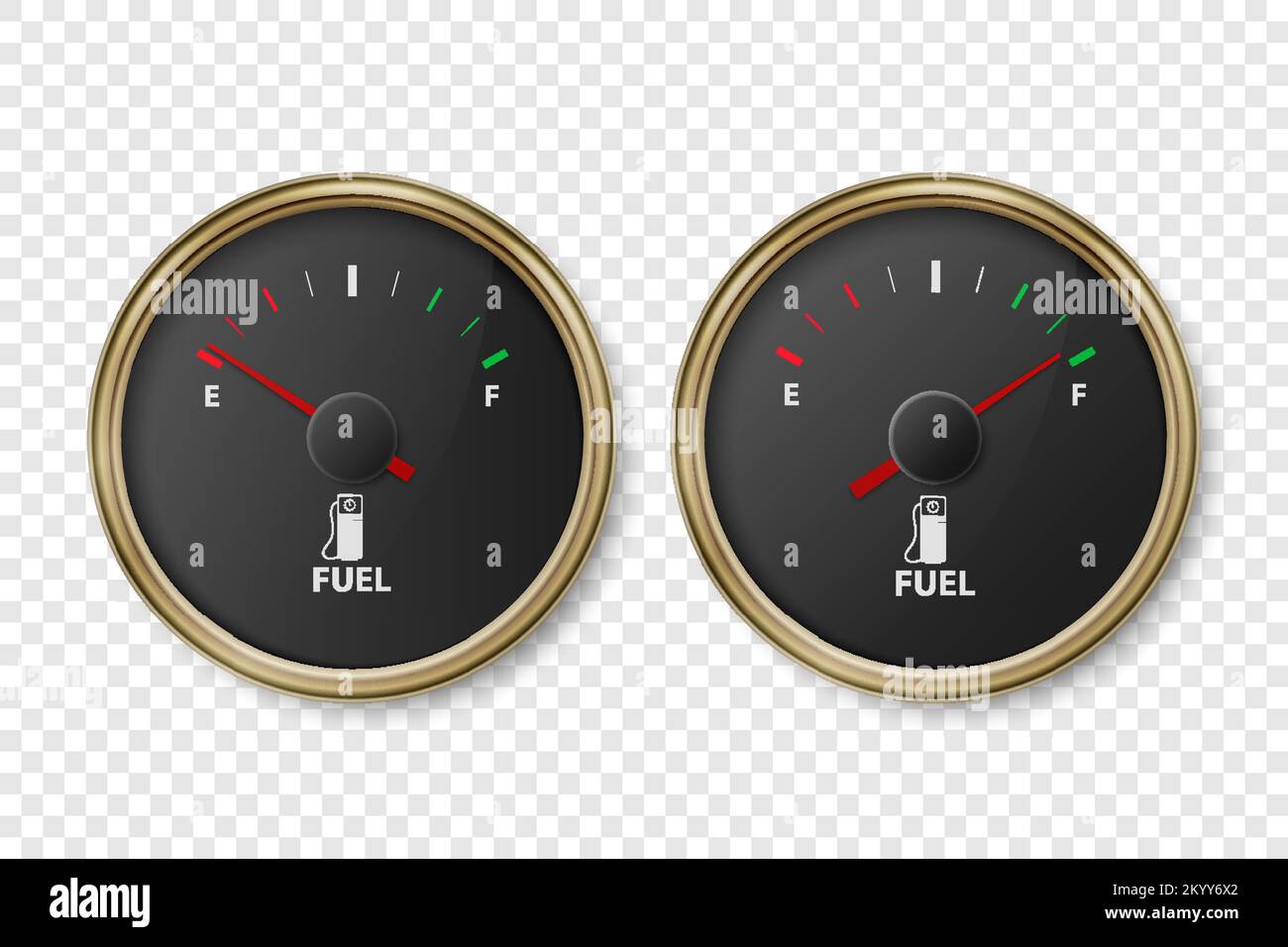 Vector 3d Realistic Golden Metallic Gas Fuel Tank Gauge, Oil Level Bar Set Isolated. Full and