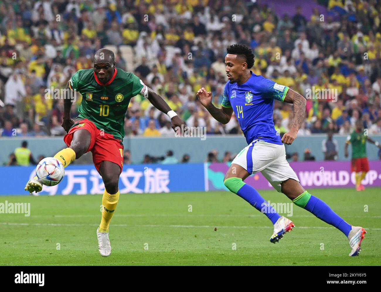 Lusail, Qatar. 2nd Dec, 2022. Vincent Aboubakar of Cameroon vies with Eder Militao of Brazil during their Group G match at the 2022 FIFA World Cup at Lusail Stadium in Lusail, Qatar, Dec. 2, 2022. Credit: Chen Cheng/Xinhua/Alamy Live News Stock Photo