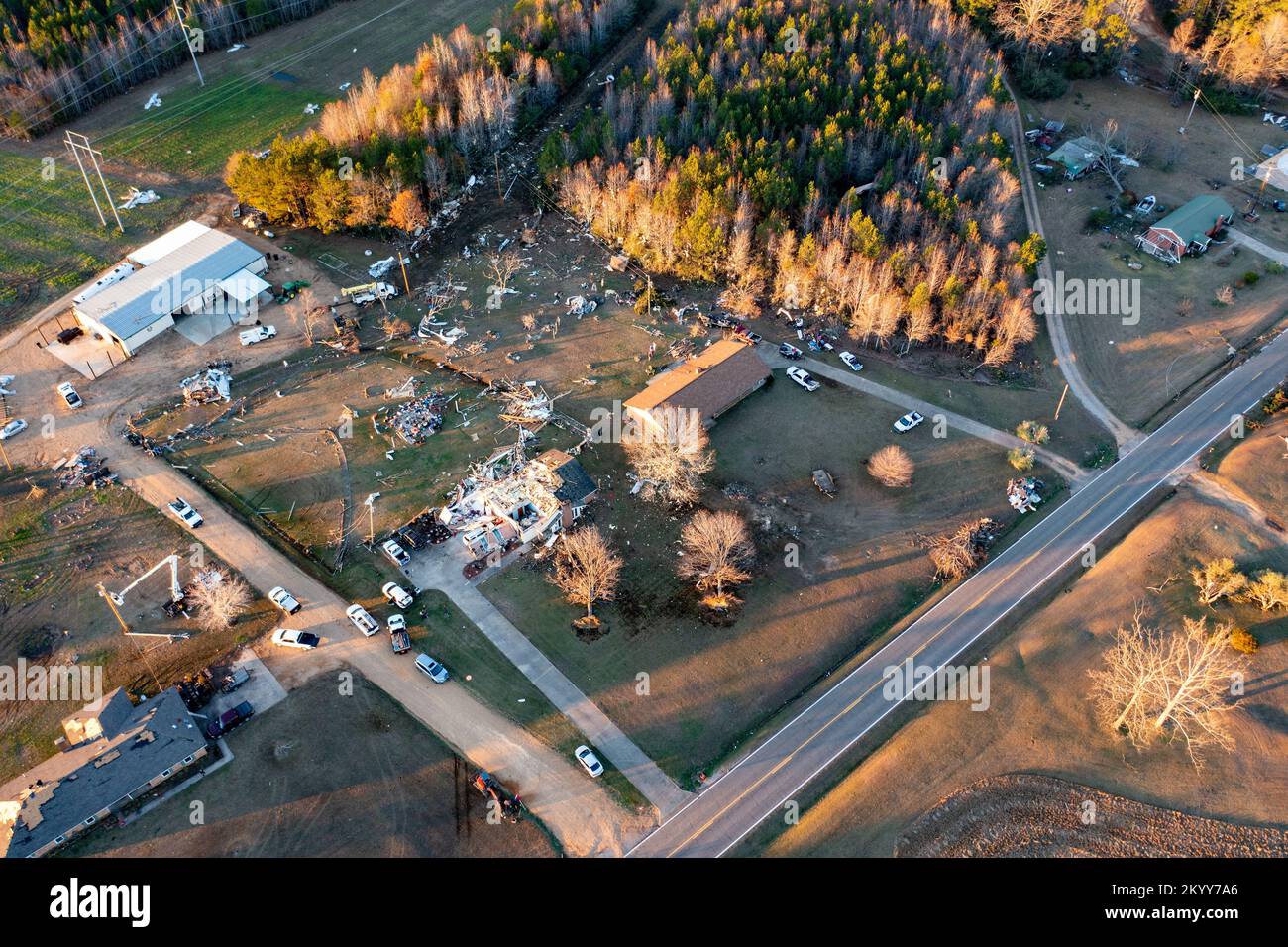 Steens, MS - November 30, 2022: Tornado damage aftermath to homes and property in Mississippi Stock Photo