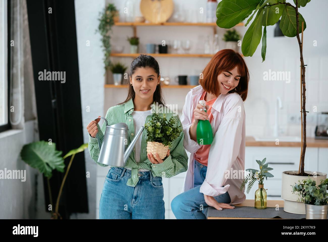 Women with a watering can and a houseplant Stock Photo