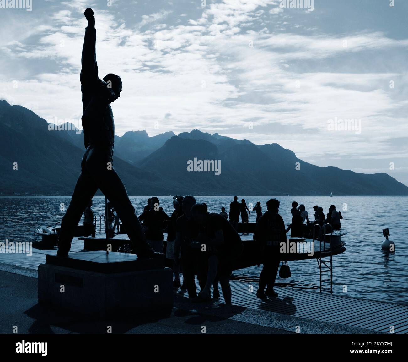Statue of Freddie Mercury in Montreux on the shores of Lake Geneva in