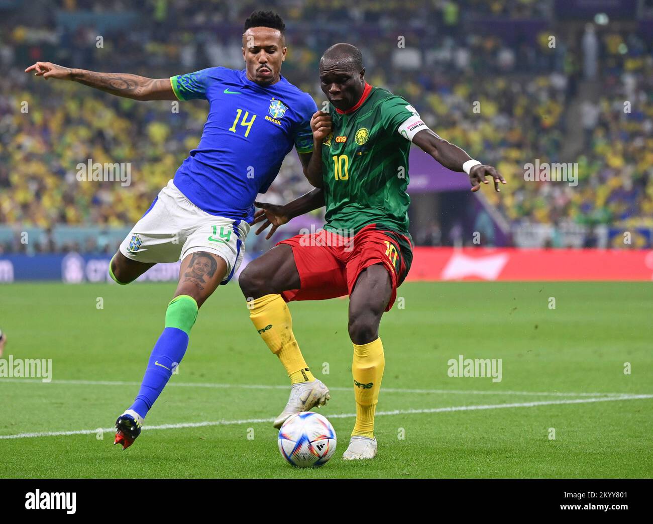 Lusail, Qatar. 2nd Dec, 2022. Eder Militao of Brazil vies with Vincent Aboubakar of Cameroon during their Group G match at the 2022 FIFA World Cup at Lusail Stadium in Lusail, Qatar, Dec. 2, 2022. Credit: Chen Cheng/Xinhua/Alamy Live News Stock Photo