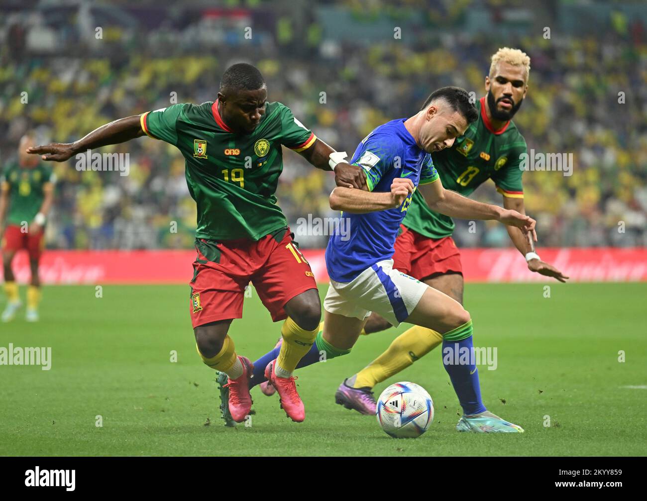 Lusail, Qatar. 2nd Dec, 2022. Gabriel Martinelli (C) of Brazil vies with Collins Fai of Cameroon (L) during their Group G match at the 2022 FIFA World Cup at Lusail Stadium in Lusail, Qatar, Dec. 2, 2022. Credit: Xiao Yijiu/Xinhua/Alamy Live News Stock Photo